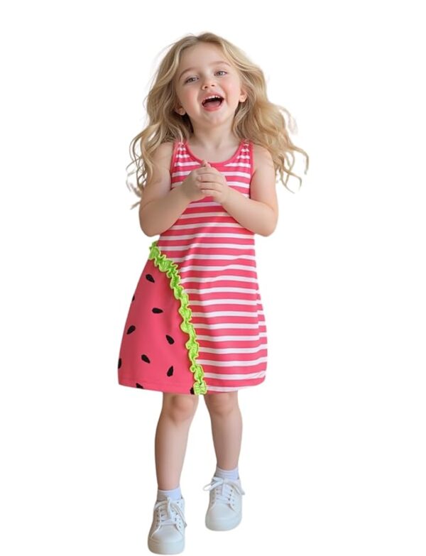 Kids Girls Striped Watermelon Theme Frock Dress Soft Multicolor Lycra for Ages 2 to 7 Years Comfortable Sleeveless Summer Wear Lightweight Casual Playtime Outfit Daily Fun Activities Use
