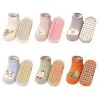 5 Pair Baby Socks for Boys & Girls 1-3 Years | Toddler Cartoon Socks with Anti Slip Silicone Sole | Comfortable Lycra Cotton Non Slip Grip Ankle Socks | Multicolor Multi Design