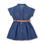 Girl’s Short Sleeve Front Open Stylish Cute Cotton Denim Dress Frock Tunic with PU Leather Belt and Pockets for Infant Toddler Baby Girls