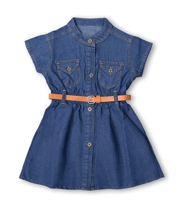 Girl’s Short Sleeve Front Open Stylish Cute Cotton Denim Dress Frock Tunic with PU Leather Belt and Pockets for Infant Toddler Baby Girls