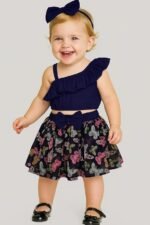 Baby Girls One Shoulder Crop Top with Printed Skirt & Matching Headband Set | 3 Piece Outfit Set for Kids
