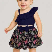 Baby Girls One Shoulder Crop Top with Printed Skirt & Matching Headband Set | 3 Piece Outfit Set for Kids