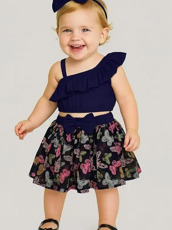 Baby Girls One Shoulder Crop Top with Printed Skirt & Matching Headband Set | 3 Piece Outfit Set for Kids