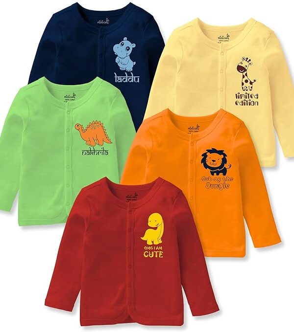 minicult Cotton Unisex Front Open Full Sleeve T-Shirt with snap Buttons and Cute Prints Combo Pack