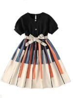 Girls Geometric Print Dress for Kids, Fit and Flare, Round Neck, Frock for Girls (Black)