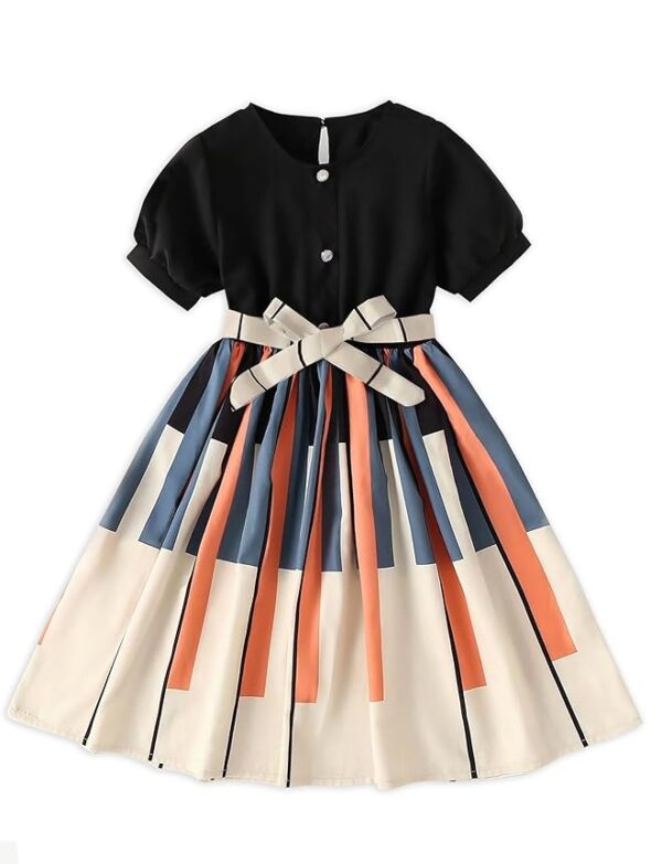 Girls Geometric Print Dress for Kids, Fit and Flare, Round Neck, Frock for Girls (Black)