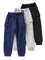 Cargo Joggers Pack of 3 | Soft Knitted Pants for Boys & Girls | Solid Colors with Side & Cargo Pockets | Ribbed Cuffs & Drawstring Waistband | Everyday Bottoms