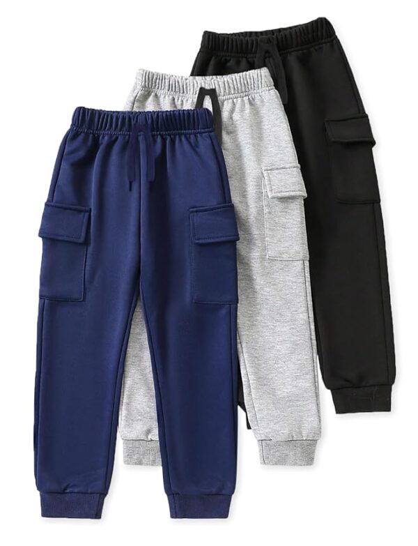 Cargo Joggers Pack of 3 | Soft Knitted Pants for Boys & Girls | Solid Colors with Side & Cargo Pockets | Ribbed Cuffs & Drawstring Waistband | Everyday Bottoms