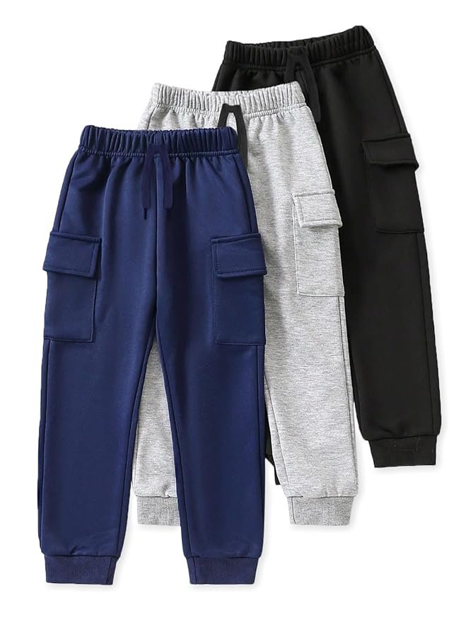 Cargo Joggers Pack of 3 | Soft Knitted Pants for Boys & Girls | Solid Colors with Side & Cargo Pockets | Ribbed Cuffs & Drawstring Waistband | Everyday Bottoms