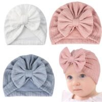 3pcs Cap for Baby Girl Boy, Lovely Bow Caps for Babies, Soft Warm Turban Baby Cap 0-3 Month, Stretchy Baby Girl 3-12 Months Infant Hat for Newborns Shower Gift