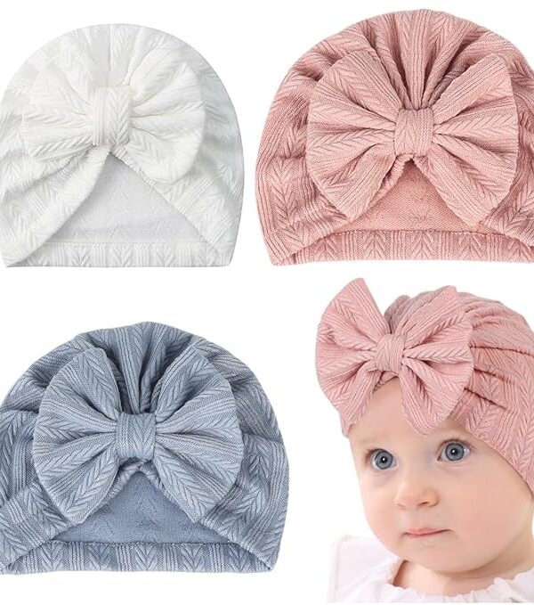 3pcs Cap for Baby Girl Boy, Lovely Bow Caps for Babies, Soft Warm Turban Baby Cap 0-3 Month, Stretchy Baby Girl 3-12 Months Infant Hat for Newborns Shower Gift