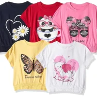 Girls Cotton Printed DropShoulder Oversized Fit T-Shirt (Pack of 5)