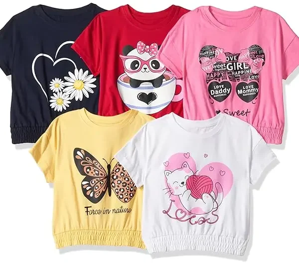 Girls Cotton Printed DropShoulder Oversized Fit T-Shirt (Pack of 5)