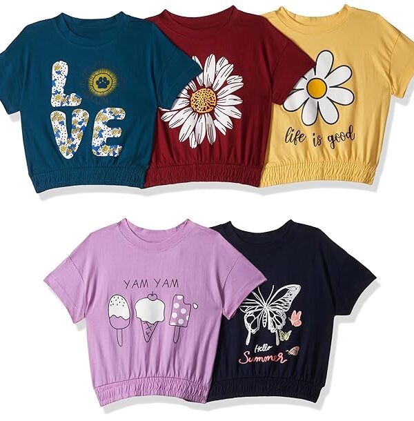T2F Girls Cotton Printed DropShoulder Oversized Fit T-Shirt (Pack of 5)