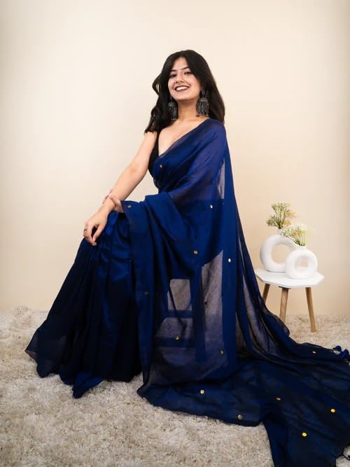 Women’s Khadi Cotton Saree with Blouse Piece | Soft Lightweight Plain Saree with Foil Butti Work - Image 2