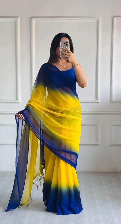 Women's Yellow Smooth Georgette Saree with Elegant Bangalore Silk Blouse Piece | Lightweight Saree for Women | Soft Georgette Fabric with Stylish Design - Image 4