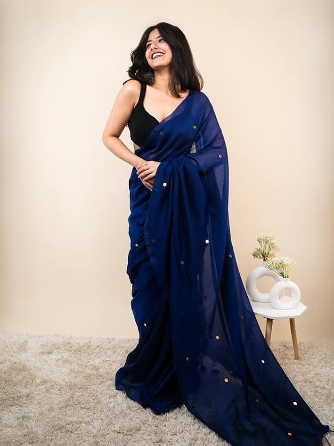 Women’s Khadi Cotton Saree with Blouse Piece | Soft Lightweight Plain Saree with Foil Butti Work