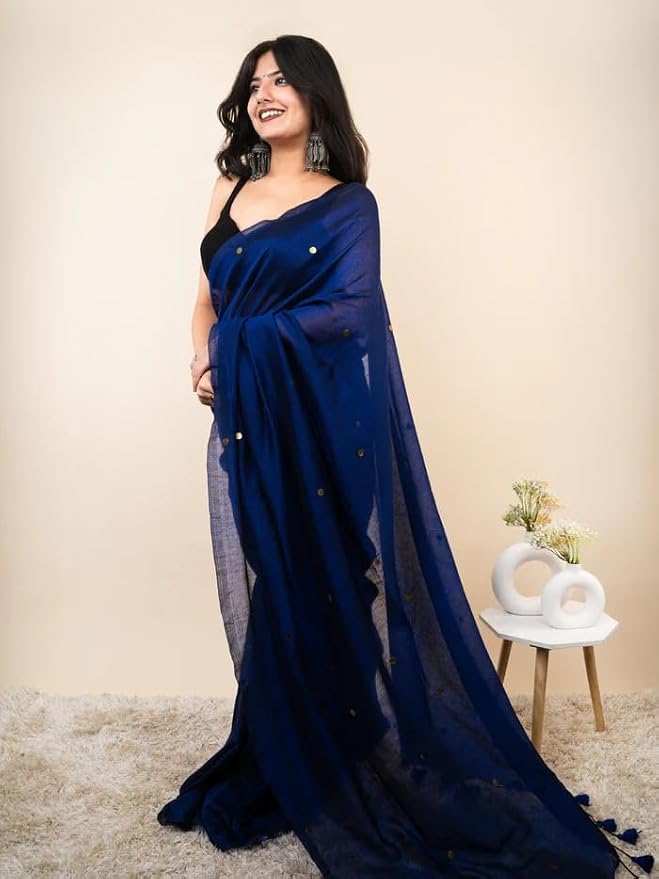 Women’s Khadi Cotton Saree with Blouse Piece | Soft Lightweight Plain Saree with Foil Butti Work - Image 5