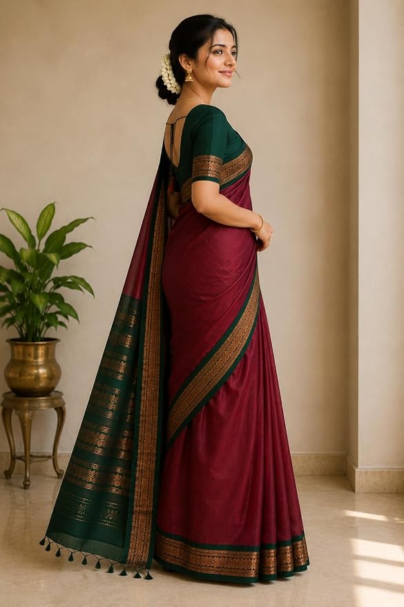 Women’s Taupe Beige Kalyani Cotton Saree with Royal Purple & Copper Gold Zari Border | Traditional Gadwal Cotton Saree with Contrast Blouse Piece | Formal, Office, Party & Function Wear - Image 2