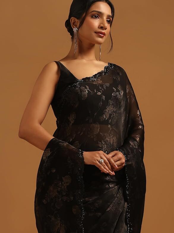Womens Organza Floral Saree With Stone Work
