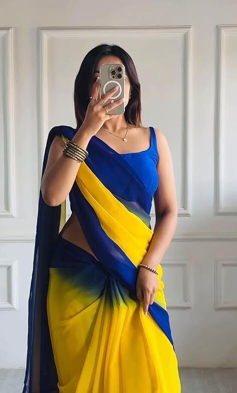 Women's Yellow Smooth Georgette Saree with Elegant Bangalore Silk Blouse Piece | Lightweight Saree for Women | Soft Georgette Fabric with Stylish Design