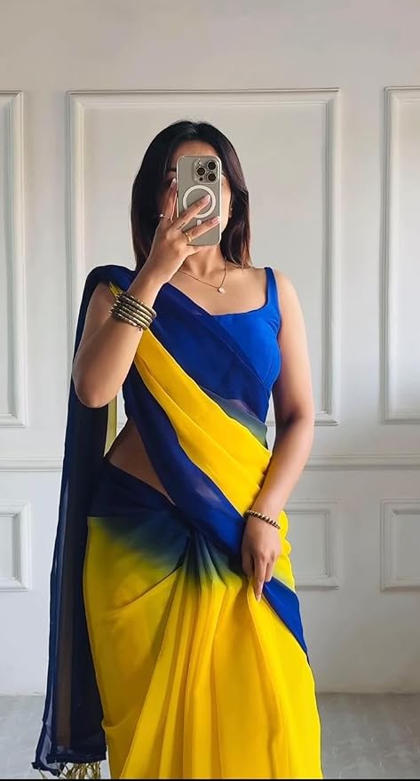 Women's Yellow Smooth Georgette Saree with Elegant Bangalore Silk Blouse Piece | Lightweight Saree for Women | Soft Georgette Fabric with Stylish Design