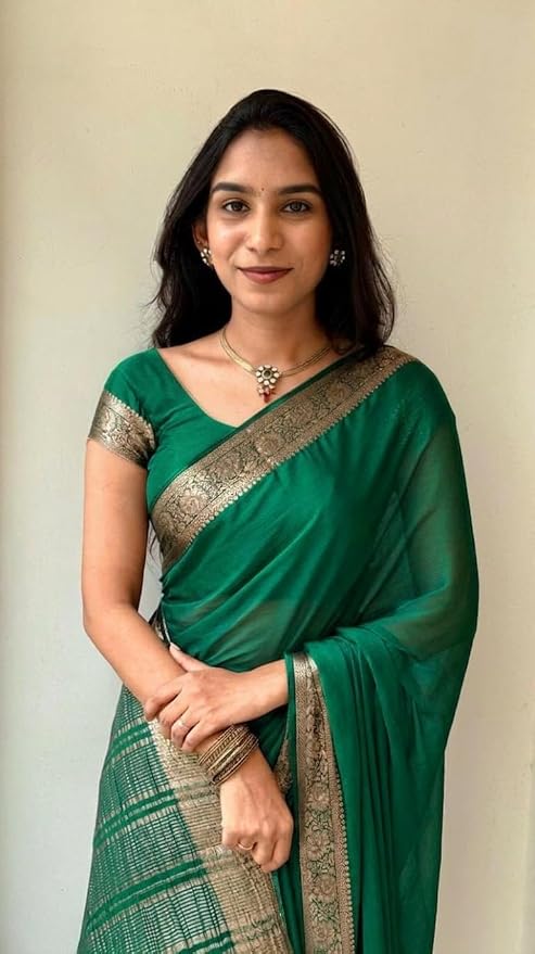 Women's Green Soft Chinon Saree with Beautiful Running Blouse Piece | Elegant Lightweight | Chinon Silk Saree for Women - Image 4