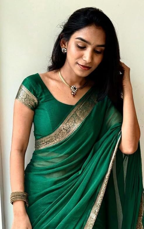 Women's Green Soft Chinon Saree with Beautiful Running Blouse Piece | Elegant Lightweight | Chinon Silk Saree for Women