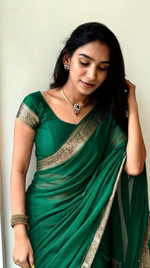 Women's Green Soft Chinon Saree with Beautiful Running Blouse Piece | Elegant Lightweight | Chinon Silk Saree for Women