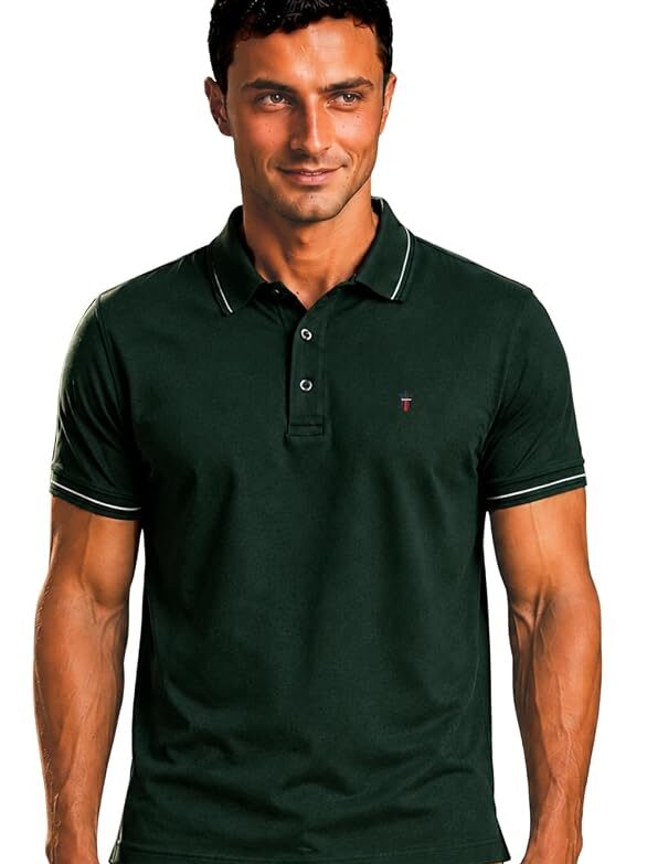Cotton Men's Slim Fit Textured Collar and Cuff Solid Pique Half Sleeve Polo T-Shirt with Stretch