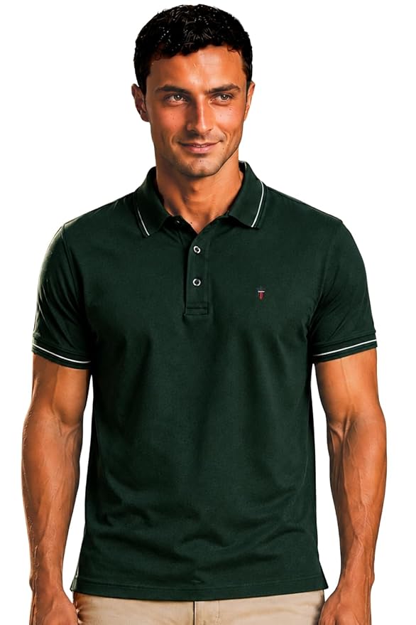 Cotton Men's Slim Fit Textured Collar and Cuff Solid Pique Half Sleeve Polo T-Shirt with Stretch