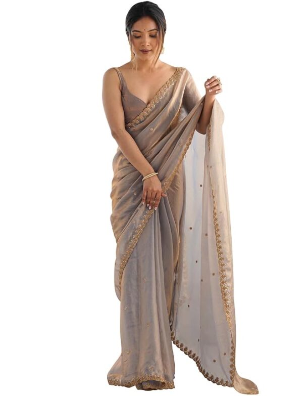 Women's Shimmer Tissue Embroidered Saree With Unstitched Blouse Piece