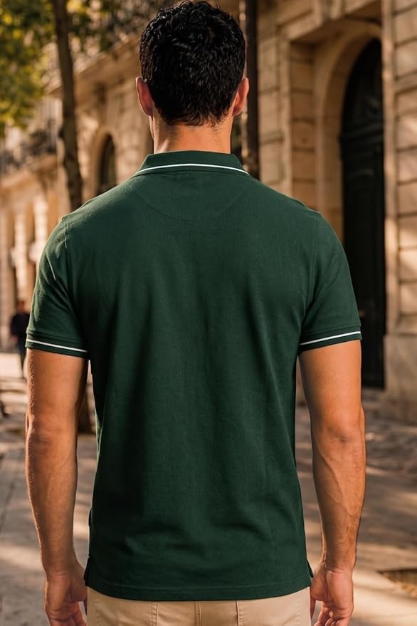 Cotton Men's Slim Fit Textured Collar and Cuff Solid Pique Half Sleeve Polo T-Shirt with Stretch - Image 3