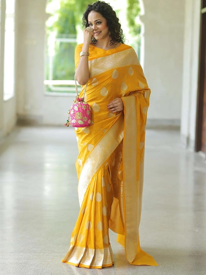 Women’s Fancy Banarasi Kanjivaram Art Silk Yellow Saree with Unstitched Blouse Piece |Wedding Saree for Women - Image 3