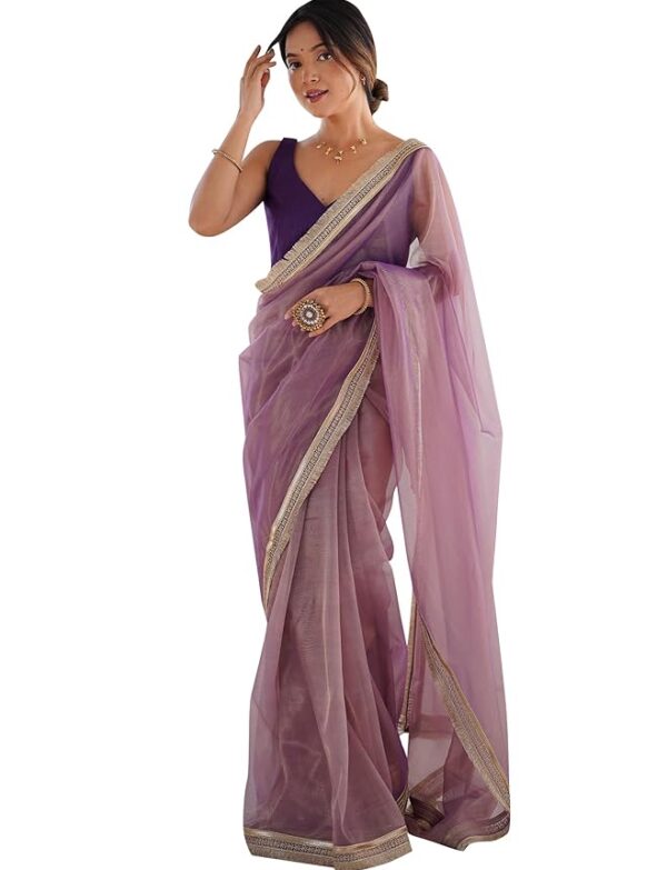 Women's Shimmer Net Solid Saree With Unstitched Blouse Piece
