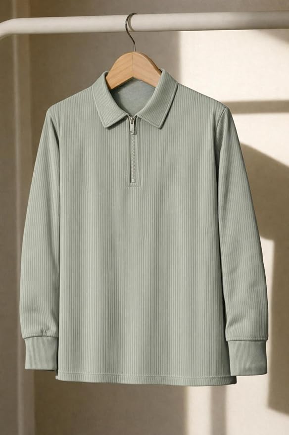 Men’s Premium Ribbed Half-Zip Polo T-Shirt | Long Sleeve Soft Stretch Fabric | Stylish Casual & Smart Wear - Image 3