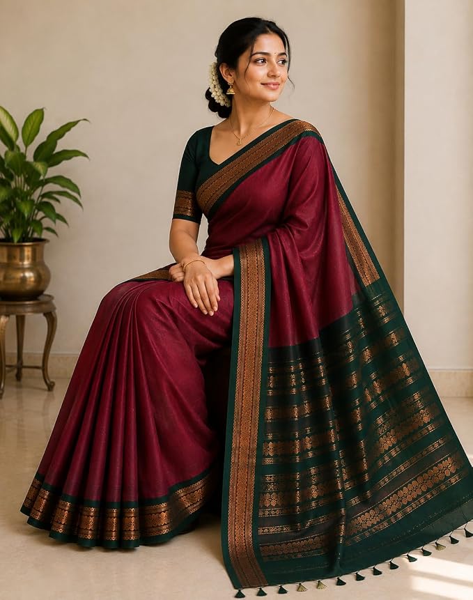 Women’s Taupe Beige Kalyani Cotton Saree with Royal Purple & Copper Gold Zari Border | Traditional Gadwal Cotton Saree with Contrast Blouse Piece | Formal, Office, Party & Function Wear - Image 3