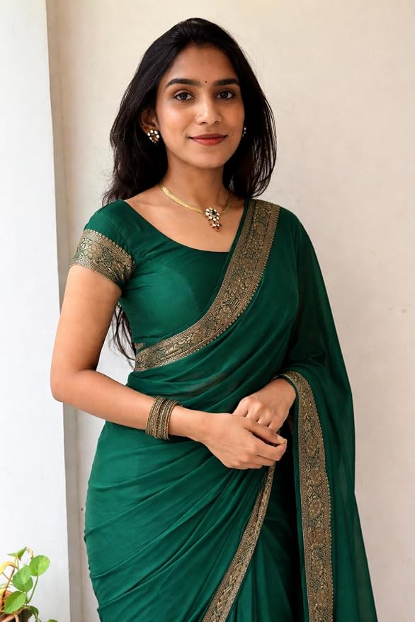 Women's Green Soft Chinon Saree with Beautiful Running Blouse Piece | Elegant Lightweight | Chinon Silk Saree for Women - Image 2