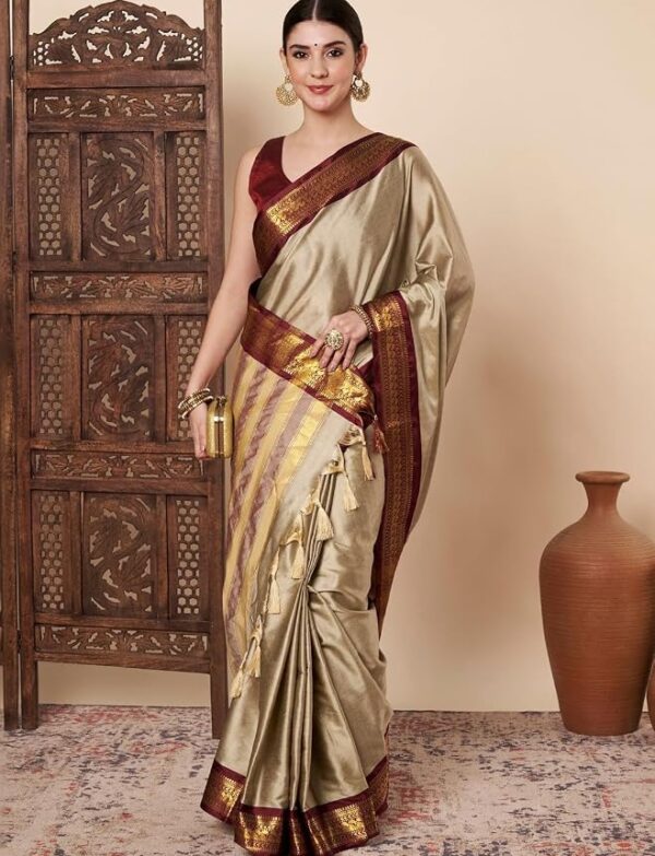 Traditional Style Festive Women's Silk Kanjivaram Kanchipuram South Indian Silk Saree Elegant Zari Border Perfect for best saree for marriager sarees for women with blouse piece