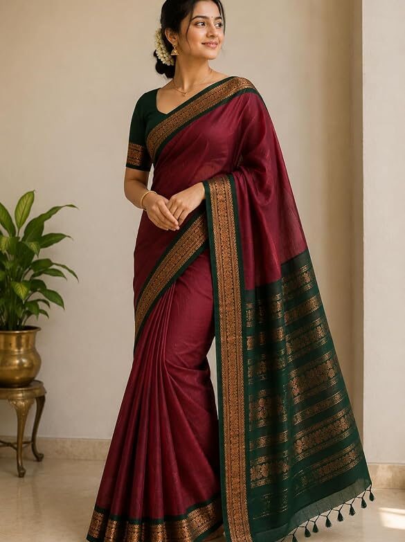 Women’s Taupe Beige Kalyani Cotton Saree with Royal Purple & Copper Gold Zari Border | Traditional Gadwal Cotton Saree with Contrast Blouse Piece | Formal, Office, Party & Function Wear