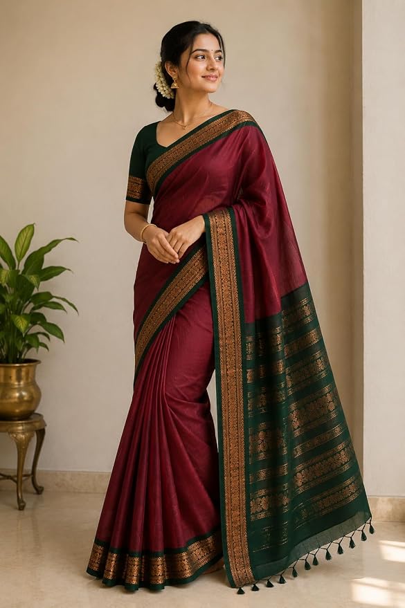Women’s Taupe Beige Kalyani Cotton Saree with Royal Purple & Copper Gold Zari Border | Traditional Gadwal Cotton Saree with Contrast Blouse Piece | Formal, Office, Party & Function Wear
