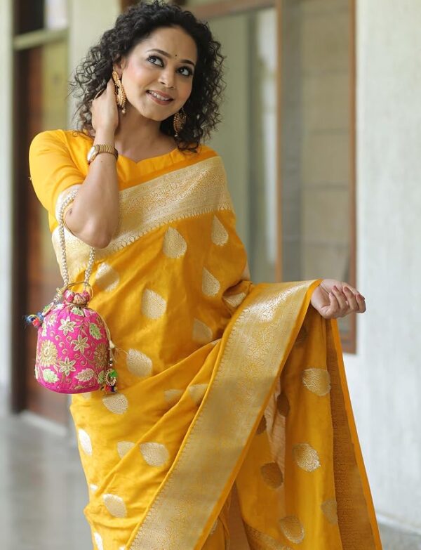 Women’s Fancy Banarasi Kanjivaram Art Silk Yellow Saree with Unstitched Blouse Piece |Wedding Saree for Women