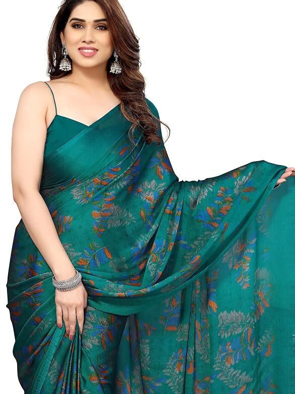 Saree for Woman Chiffon Leaf Printed | Lightweight Daily Wear Comfortable Women's Sari with Blouse Piece