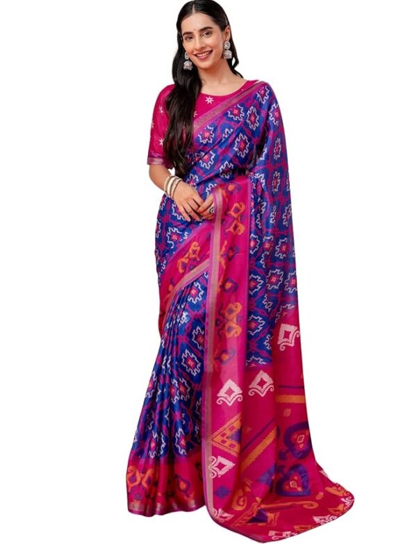 Women's Printed Zari Border Cotton Silk Saree with Blouse