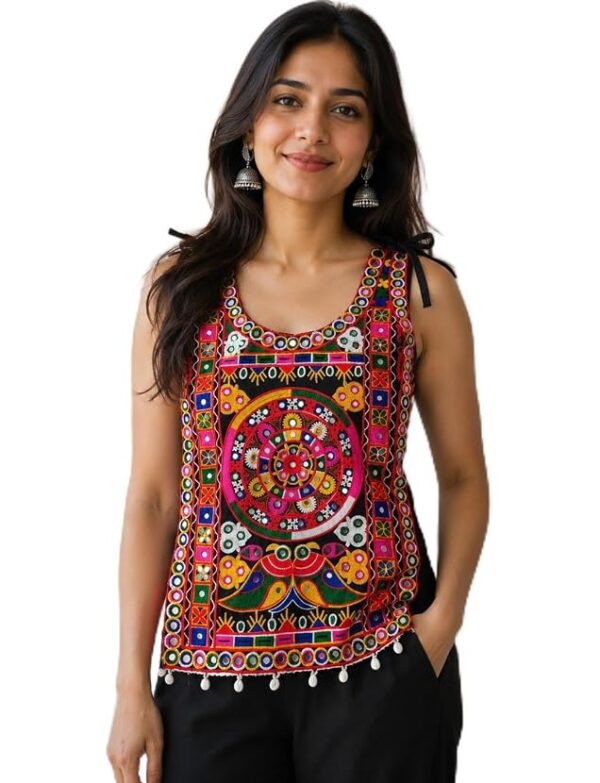 Women's Kutchi Mirror Work Embroidered Sleeveless Top, Black